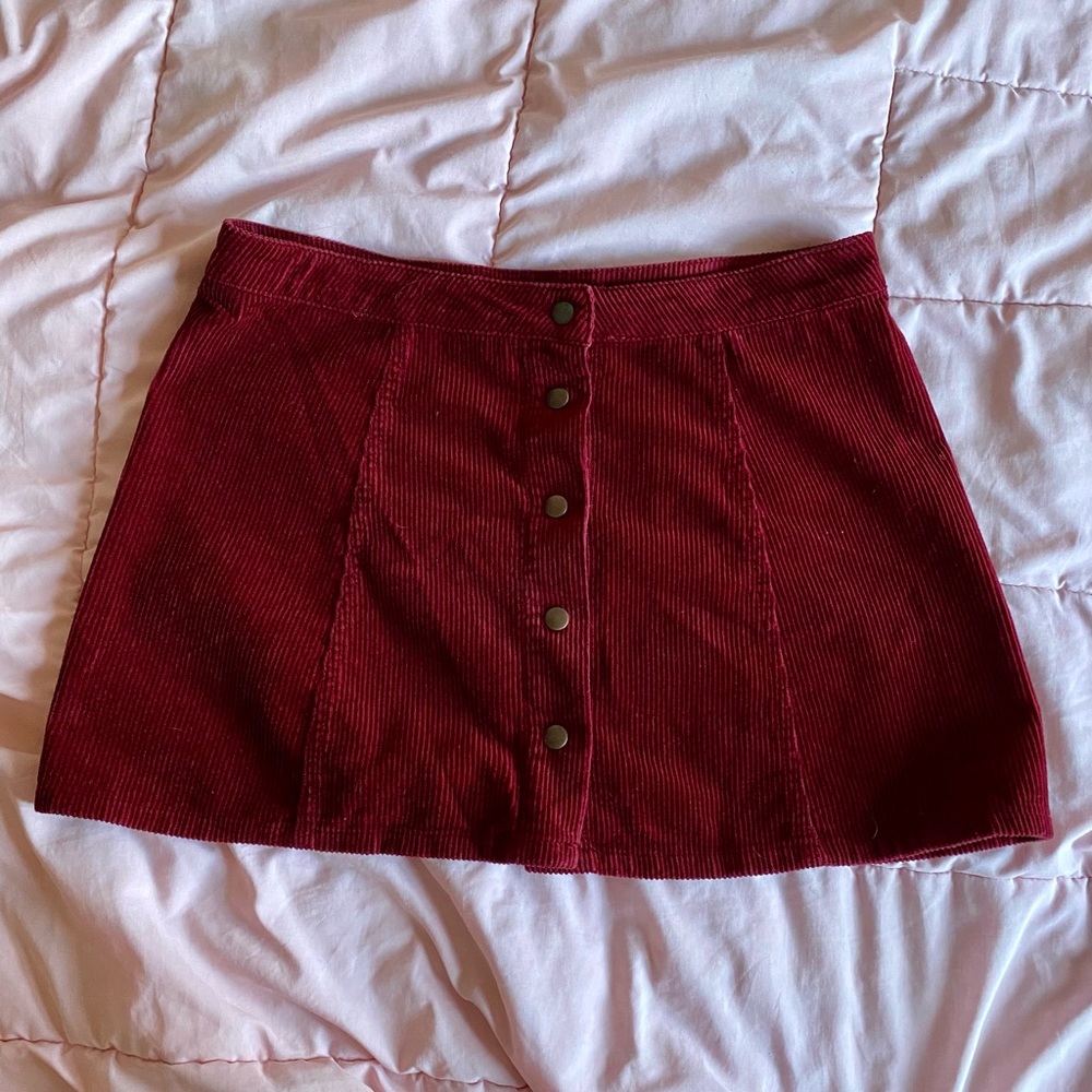 Cranberry Suede Snap-Up Mini Skirt
